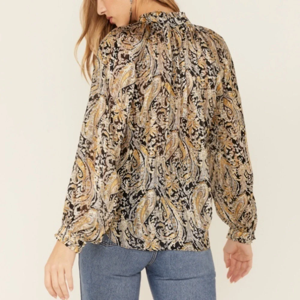 Elan Paisley Print Long Sleeve Chiffon Peasant Top Size S